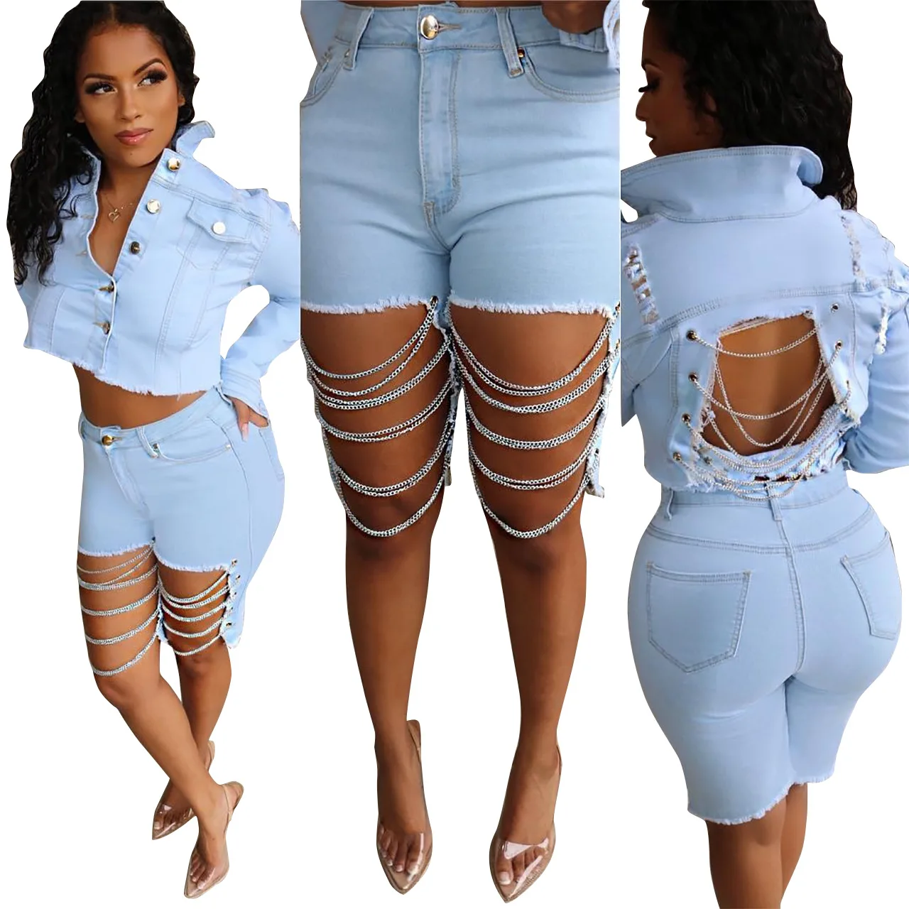 

Fashion Hollow Out Chain Washed Denim Shorts Ripped Denim Jean Shorts Women, Black