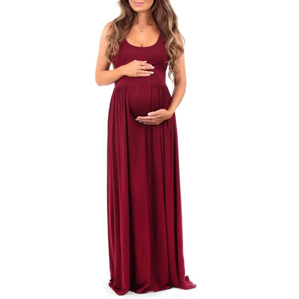 

New Elastic Waist Solid Color Sleeveless Round Neck Pleated Maternity Dress