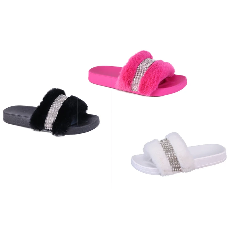 

US Stock ATALINA BY SUMMER RIO 2021 Wholesale Cheap Women's Fur Slides Indoor Slippers Shoes House Outdoor Slippers for Ladies, Black/white/hot pink