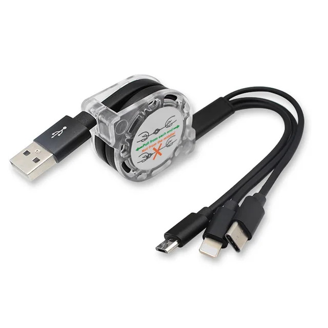 

Free Shipping 1 Sample OK 3in 1 USB Cable Mobile Phone Fast Charging 3 in 1 Retractable USB Cable For iPhone, Black green/gray sliver