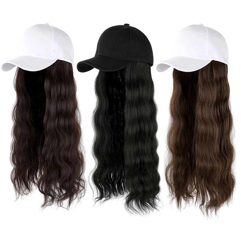 

22inch Natural Water Ripple Wavy Hair Synthetic Hair Attached Adjustable Baseball Cap Wig Hats for women, Back,brown
