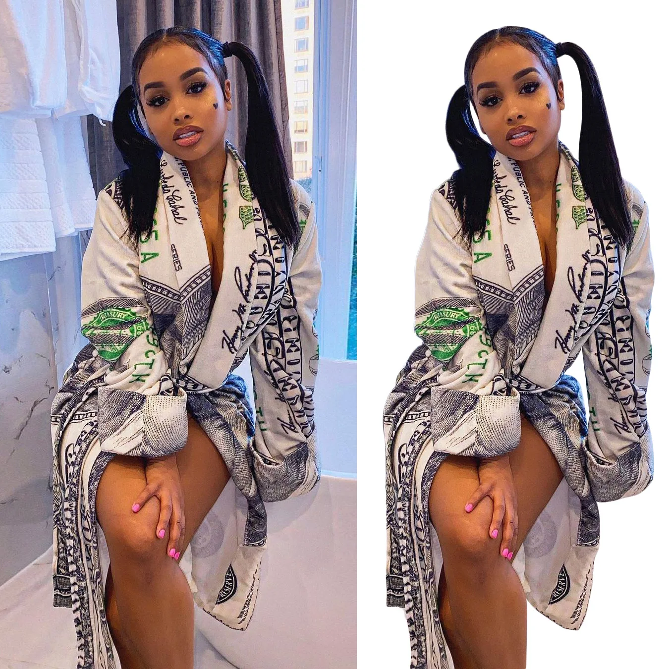 

M0022 New design fall and winter sexy money print robe for women