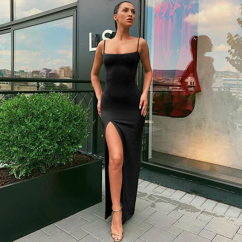 

Summer 2021 Women Off Shoulder Slim Spaghetti Slip Dress Ladies Solid Color Split Elegant Vintage Maxi Dress, Customized color