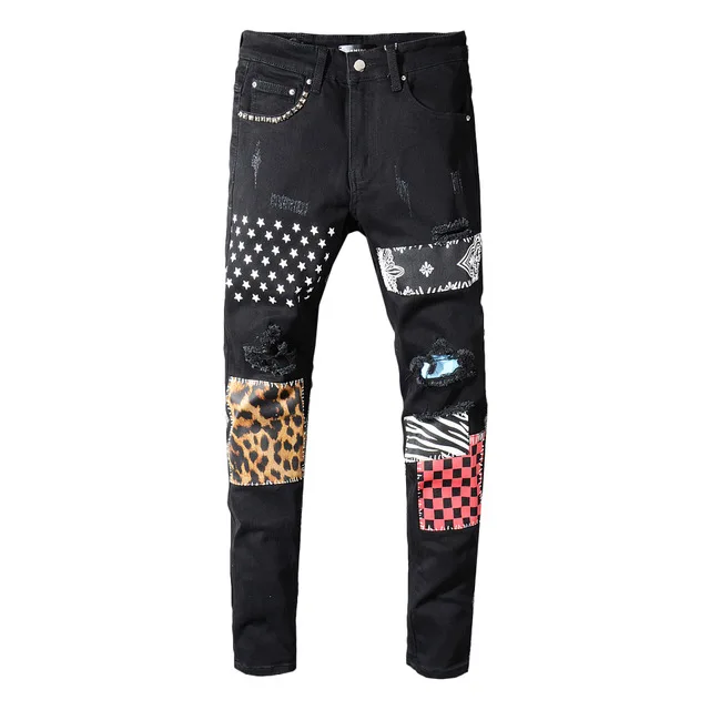 

men clothing Patch Trousers Patchwork Ripped Beggar Pants Jeans Men Skinny