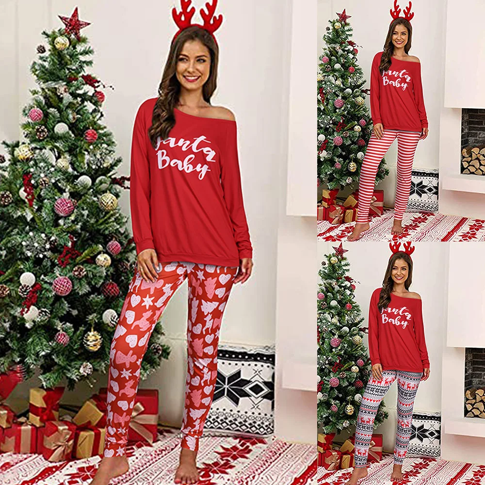 

New coming Red Long Sleeve One Shoulder Off Two Piece Pajamas Comfortable Nightwear Women Sleepwear Pajama Christmas Pajamas