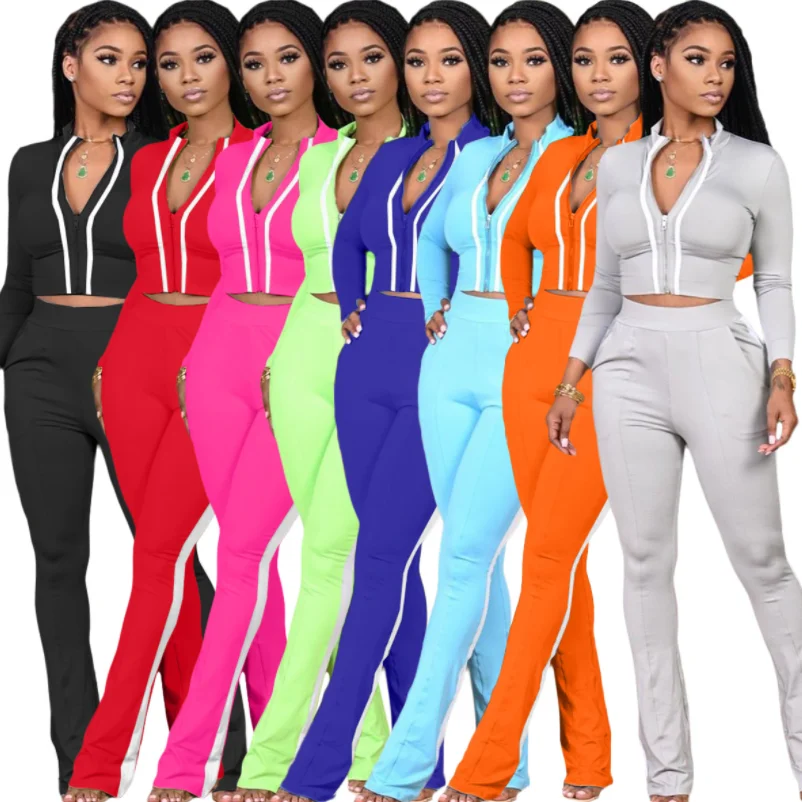 

2021 Stylish Casual Women Fall Winter 2 Piece Set Clothing Custom Zipper Crop Tops High Waisted Leggings Set, As picture
