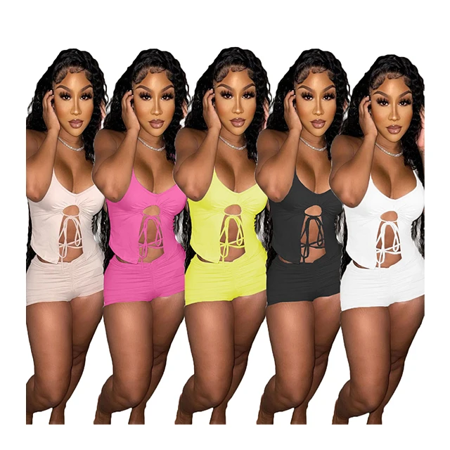 

GX9279 sleeveless hollow summer 2 piece set women bandage workout shorts sets solid comfortable fitness yoga wear for woman, Picture