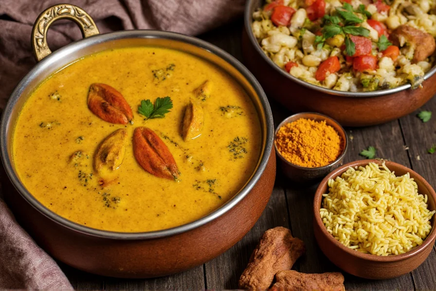 Traditional Indian curry dishes featuring turmeric as main ingredient in various pots and bowls
