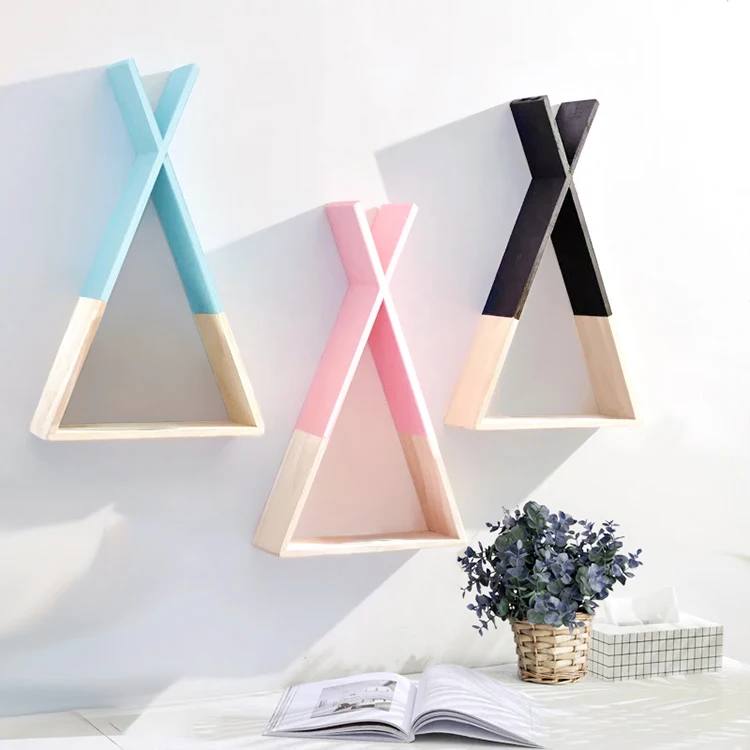 

ready to ship children's room decor frame wood triangle wall storage rack decor wooden home decoration, Color