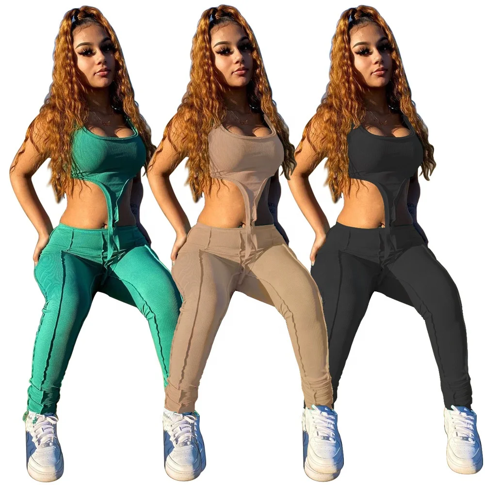 

MT175-20105 Women Set Solid Sleeveless Crop Tank Tops Strechy Long Pencil Pants Two 2 Piece Sets Active Tracksuit Outfits Summer