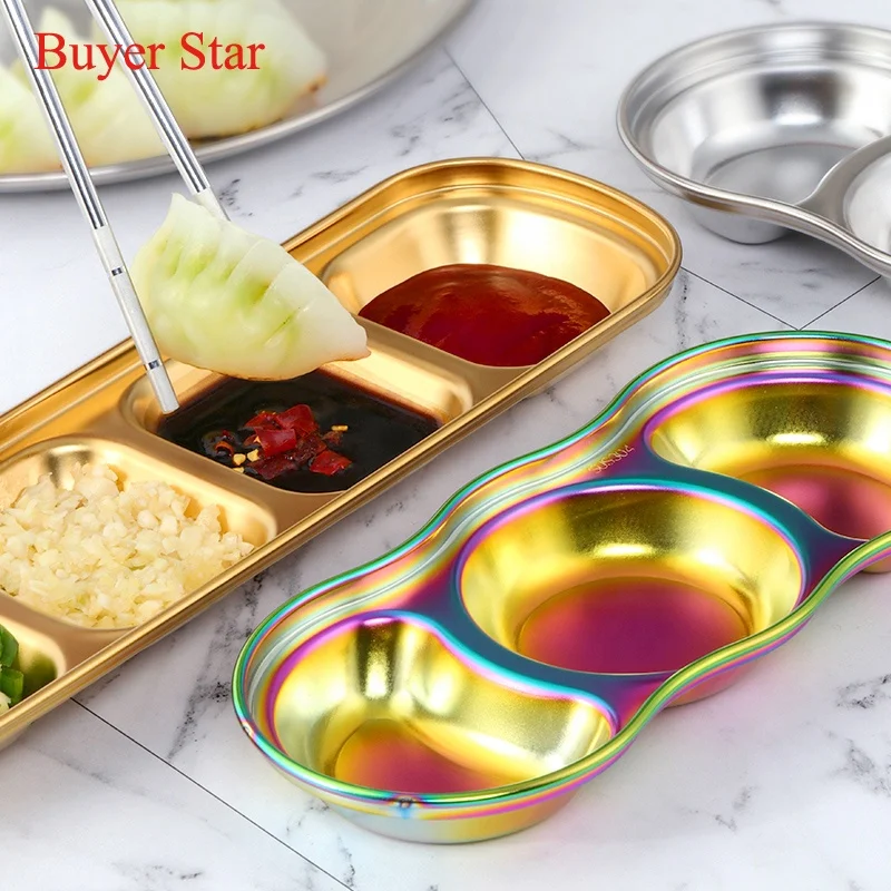 

Korean sushi divided dipping dish stainless steel soy sauce dish, 5 colors
