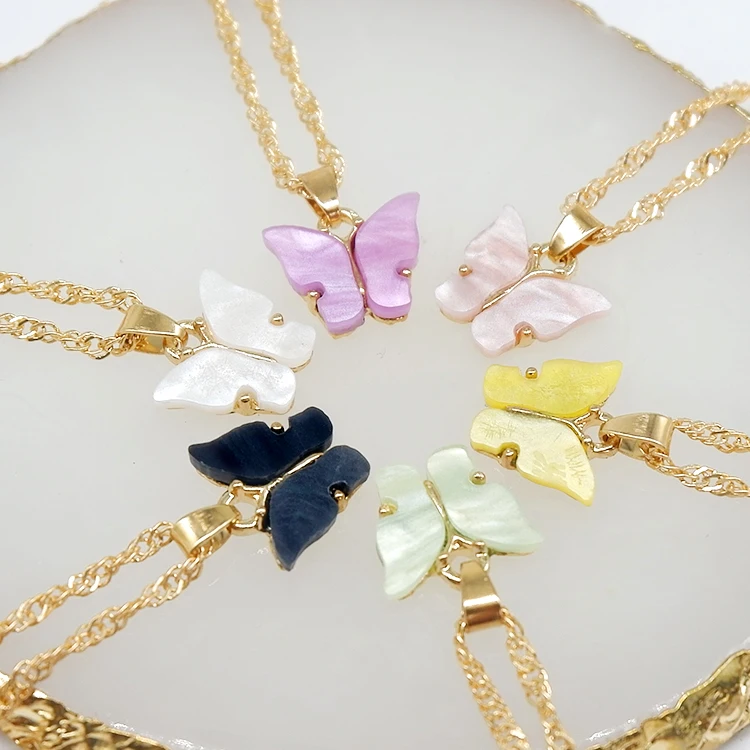 

Wholesale jewelry gold plated pink acrylic charm butterfly necklace for women, Picture