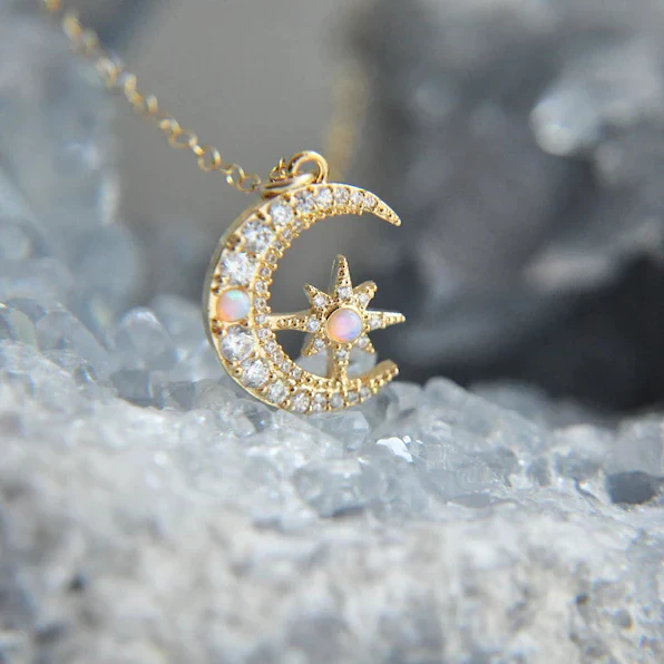 

Trendy Charm Dainty Gold Silver Plated Opal Star Moon Pendant Necklace For Women Girls Lover Gift, Customized