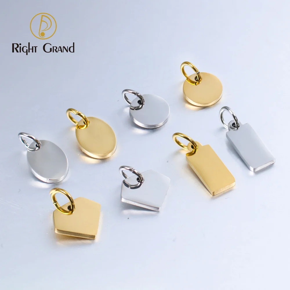 

High Polished PVD Plated Stainless Steel Disc Oval Rectangle Geometric Diamond Shapes Engraved Logo Charm Pendant