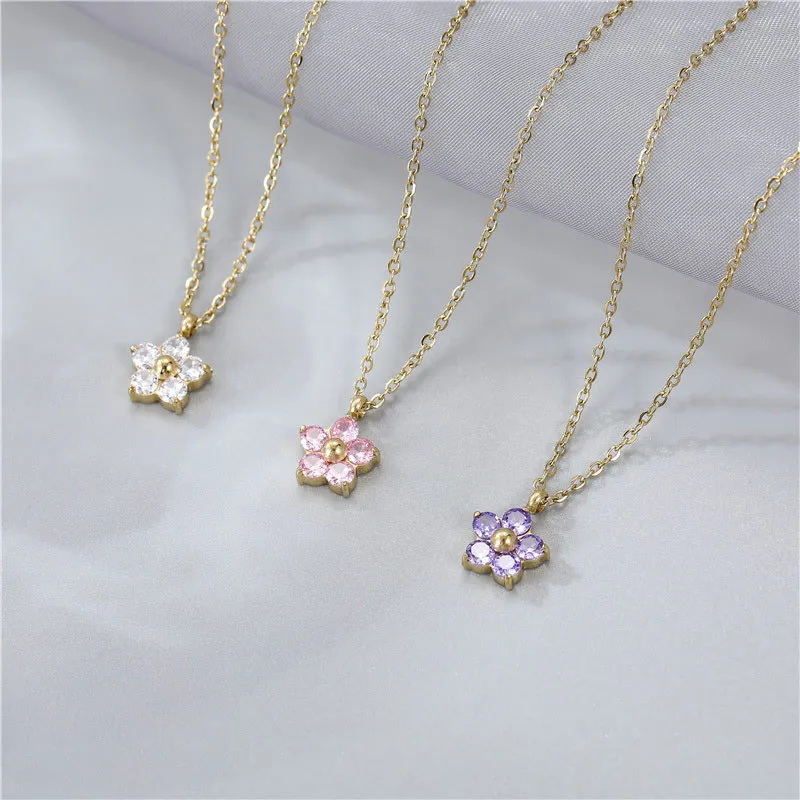 

Lateefah OEM PVD Plated Flower Shape Zircon Jewelry Clavicle Chain Stainless Steel Necklace For Women