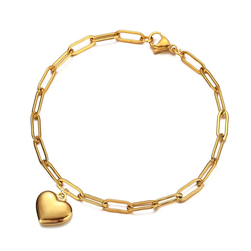 

Valentines Gift 18k Gold Plating Stainless Steel Link Chain Heart Bracelet 316L Stainless Steel Love Heart Pendant Bracelet