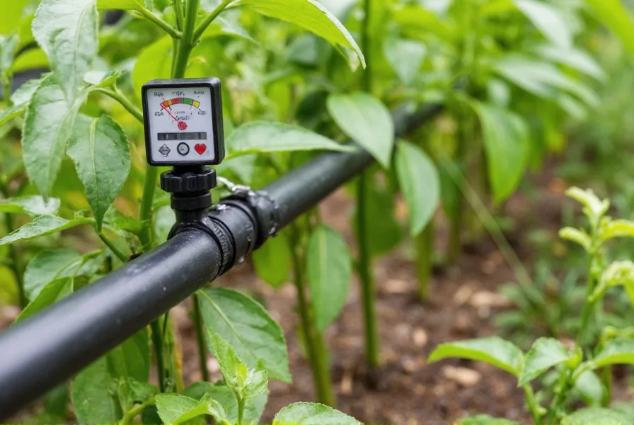 Close-up view of drip irrigation system watering pepper plants in garden bed with moisture meter showing optimal reading