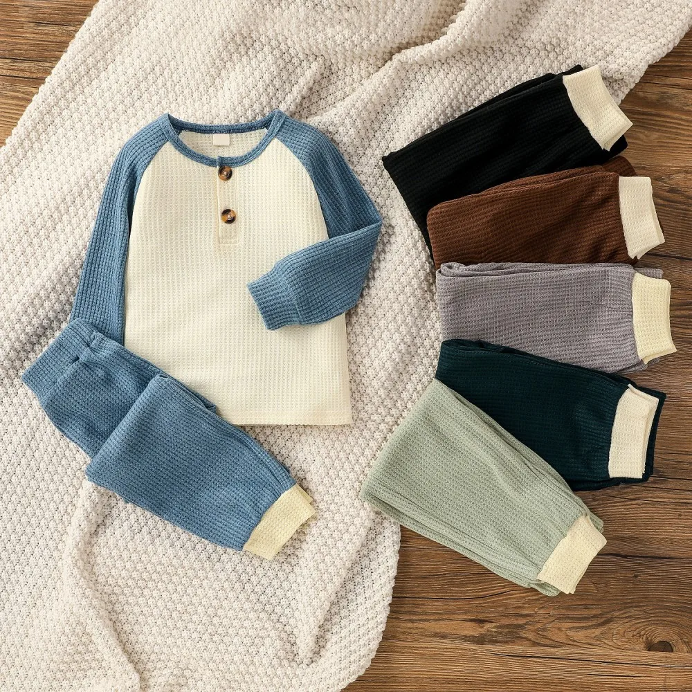 

Autumn Spring Toddler Infant Kids Clothes Knitting Waffle Long Sleeves Tops Pants Baby Clothing Set, Photo showed and customized color