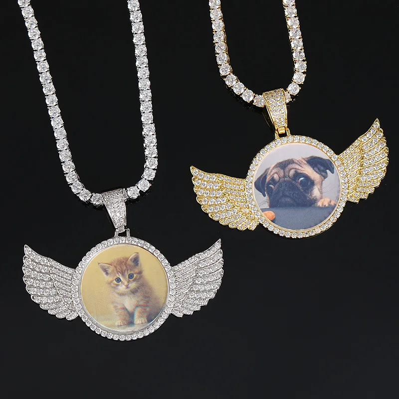 

Customised Personalized Full Diamond 3A Zircon Hip Hop Photo Pendant Necklace Angel Wings Picture Pendant, Gold/silver color