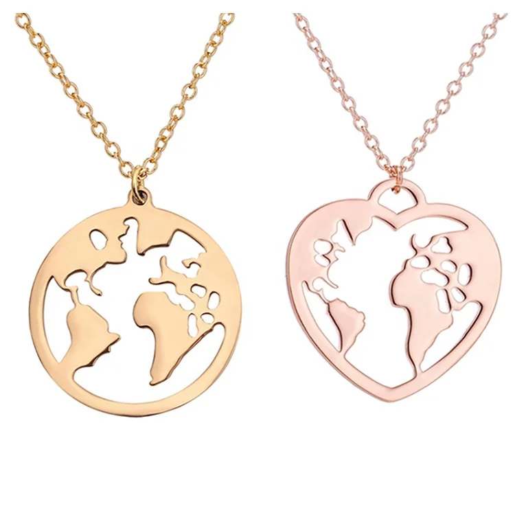 

Trendy Dainty Women Girls Charm Gold Silver Rose Plated Stainless Steel Round Heart Earth World Map Pendant Necklace Jewelry, As photo