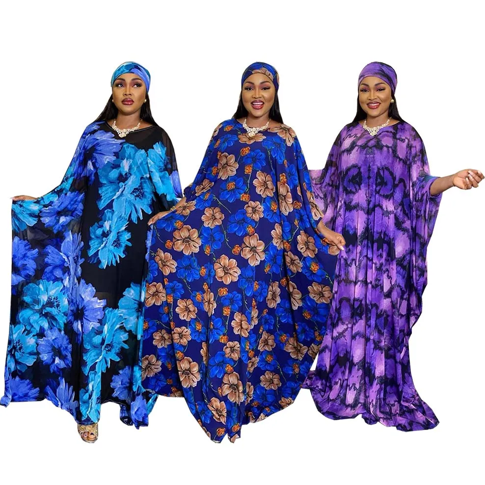

New Fashion Luxury Women Chiffon Print Dashiki Abaya Long African Dress 2021 Formal Kaftan Dresses For Women With Inner&Scarf, Black/blue/purple