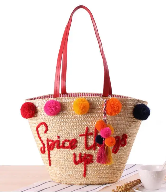 

Best selling monogram pom pom straw corn beach bag women handbag tote basket bag