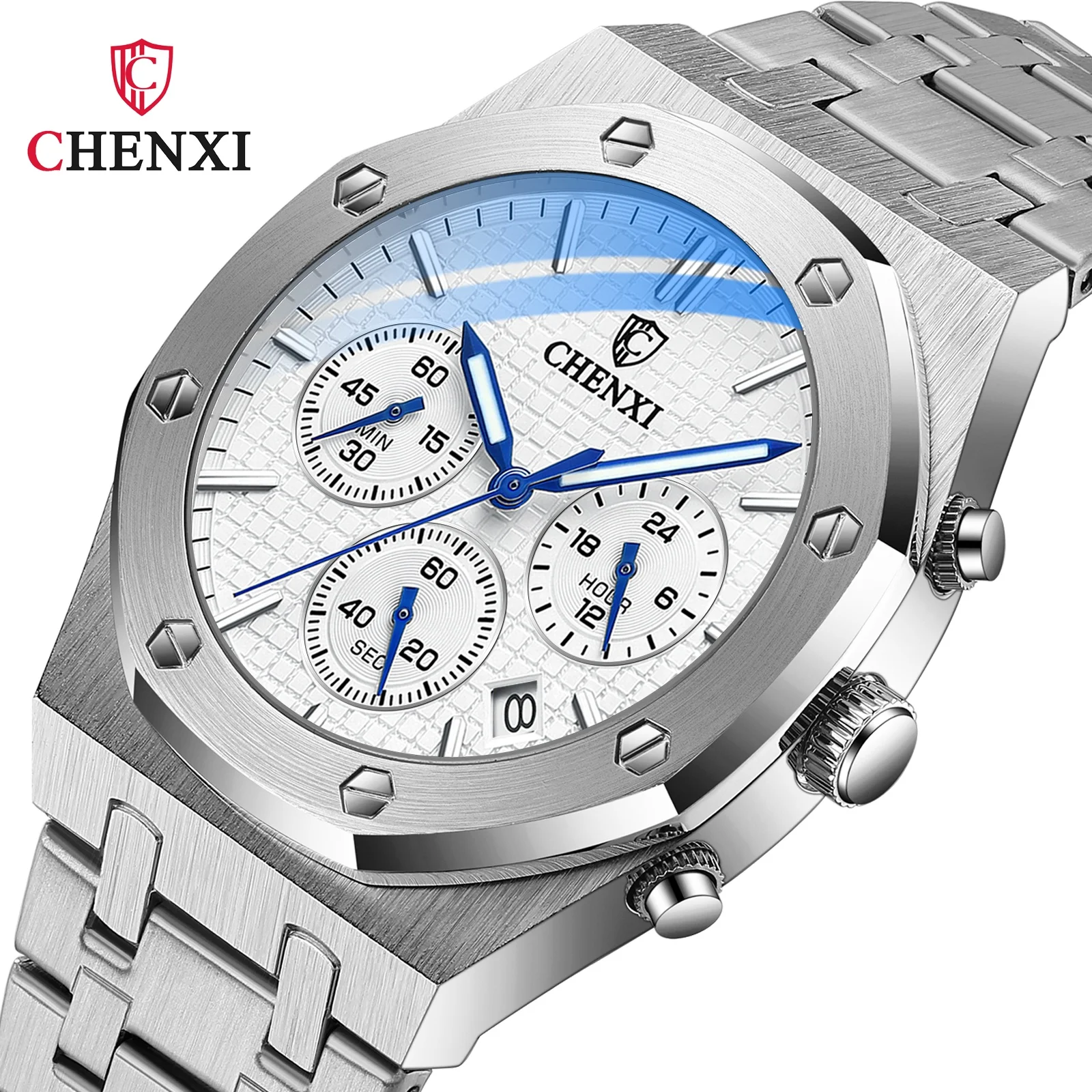 

Quartz Watches Men Wrist Luxury Brand Chronograph Luminous Watertight Black Silver Blue Complex Multifunction Octagon Wristwatc, Mix