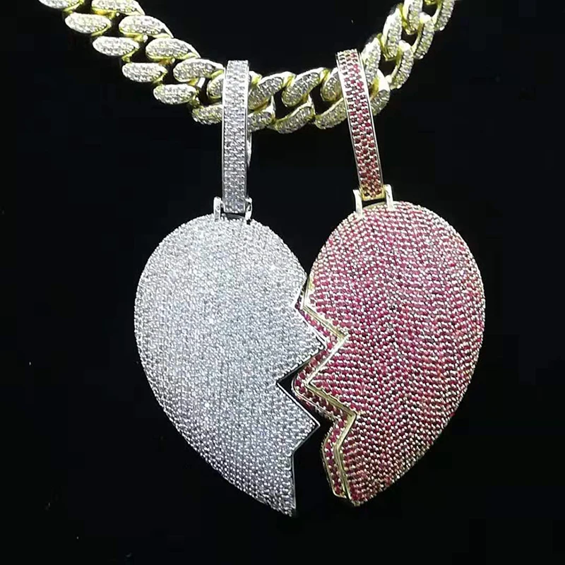 

Luxury Big Size Personality Heartbreak Shape Pendant Necklace Iced Out Gold Jewelry Hip Hop Pendant For Men and Women, Gold silver