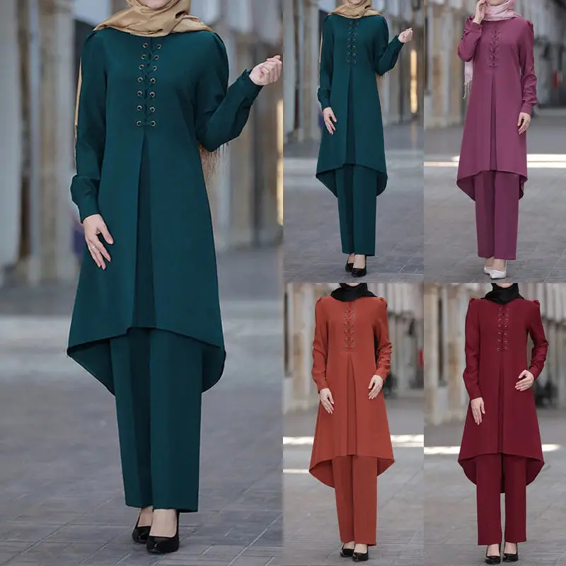 

2020 Women Muslim Maxi Dress Stripes Long Sleeves Abaya Kaftan Islamic Long Dress