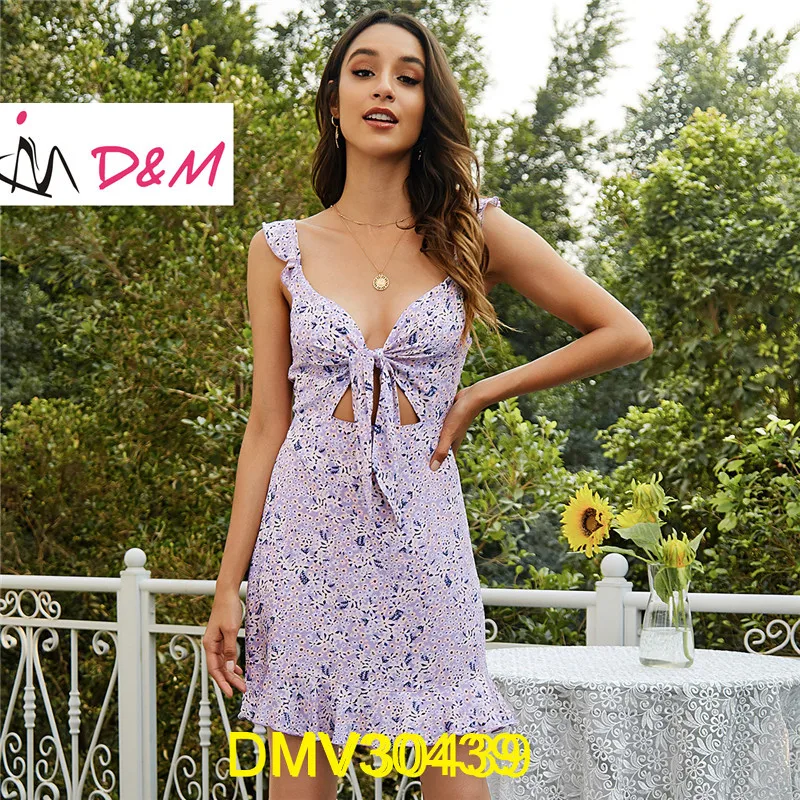

D&M Fashion Hot Sale Sexy Women Women Clothes Summer V-Neck Front Tied Floral Print Dress Cut Out Ruffle Girl Casual Dress, Shown,or customized color,provide color swatches
