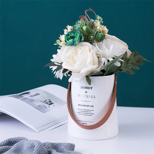 

Creative white ceramic flower modern vase with handles home decor