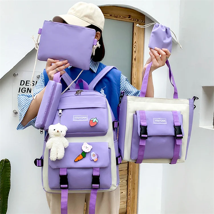 

2023 New Fashion School Book Bag For 5 Piece Student School Bag Set Girls Teenagers Cute College Backpack Set