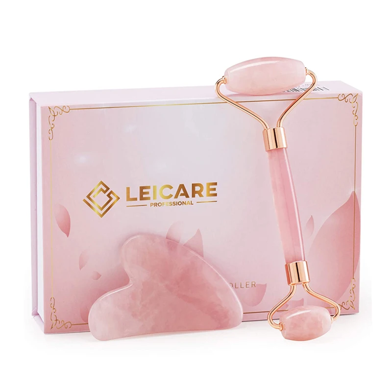 

Natural Jade Facial Massager Tool Rose Quartz Roller Guasha Set Jade Roller Pink