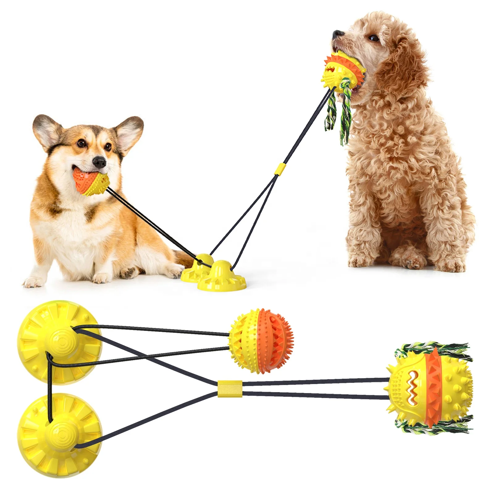 

Secure double suction cups pet molar ball training leaking food bite resistant nylon rope tugged chew toy natural rubber dog toy, Blue yellow d/blue
