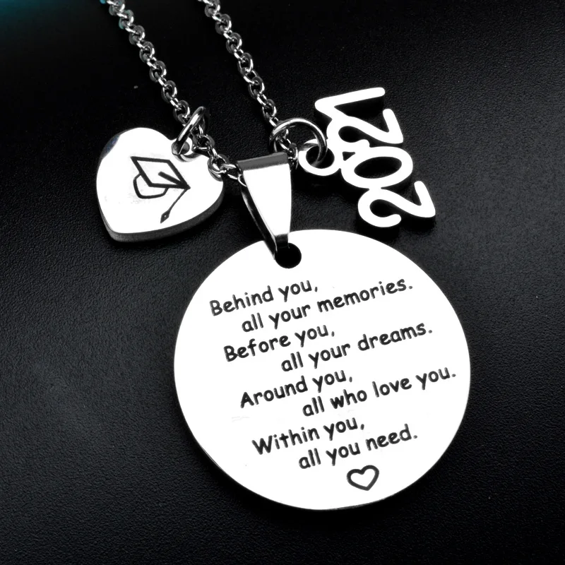 

Hot Sale 2021 Graduation Necklace Behind You All Stainless Steel Custom Text Necklace For Graduate
