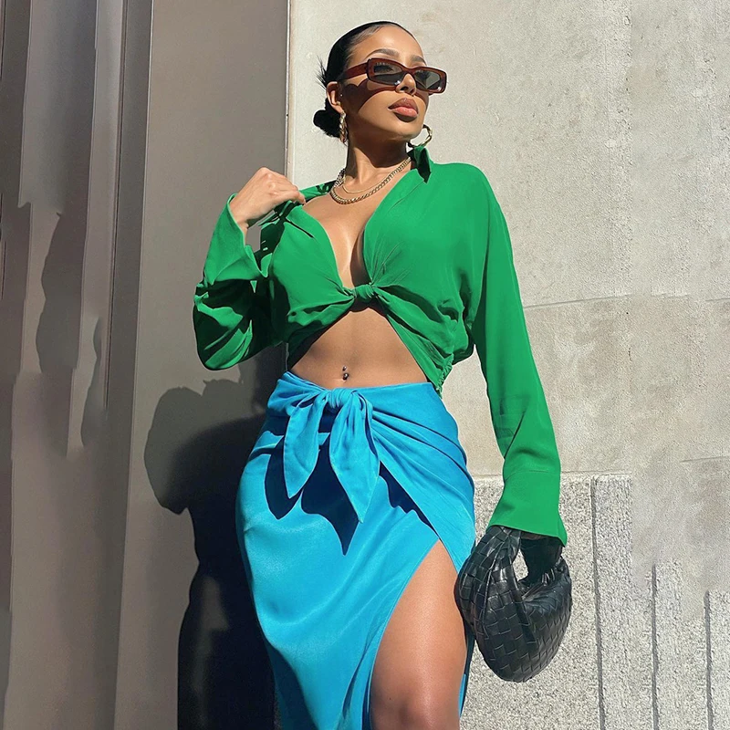 

CUTENOVA W21ST451 New arrival 2021 Hot sale two-piece skirt suit Long-sleeved lapel hollow top loose split skirt two piece set