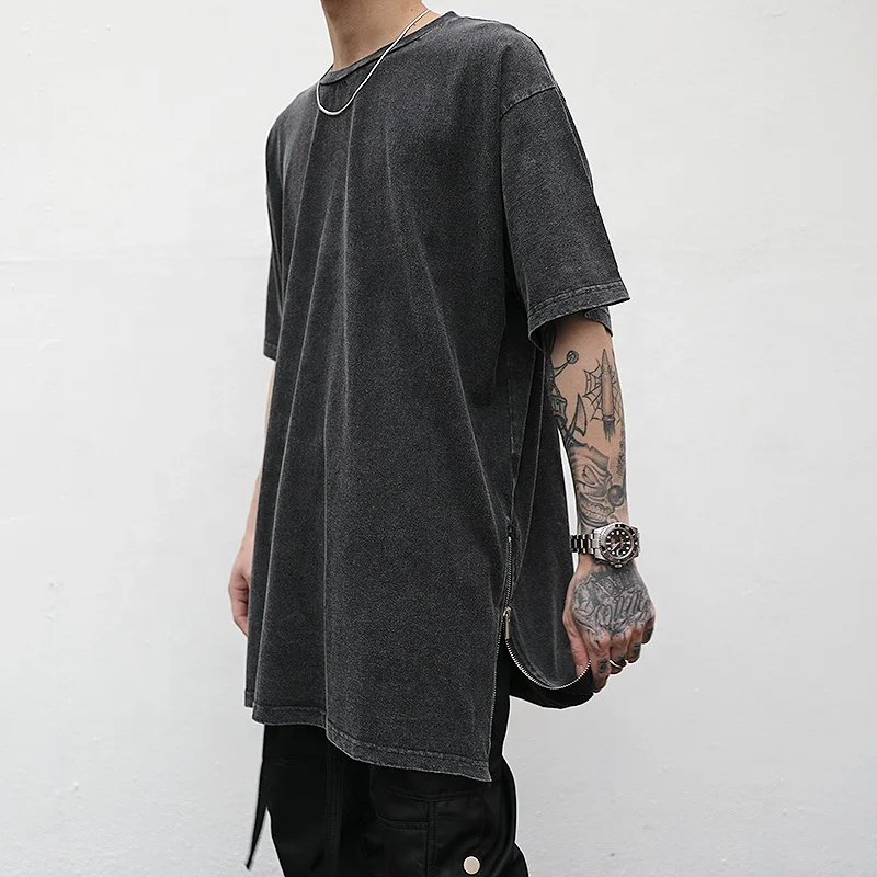 

tshirt custom men streetwear stock dropshipping oversized vinetage wash distressed tshirt with zipper