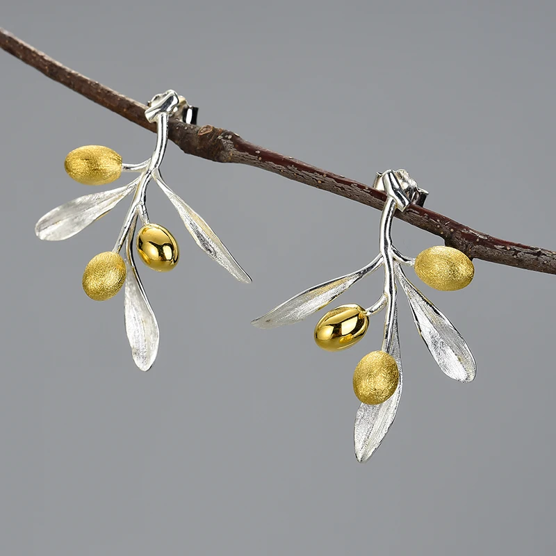 

Lotus Fun Olive Leaves Branch Fruits Unusual Earrings for Women Real 925 Sterling Silver Original Statement Wedding Fine Jewelry