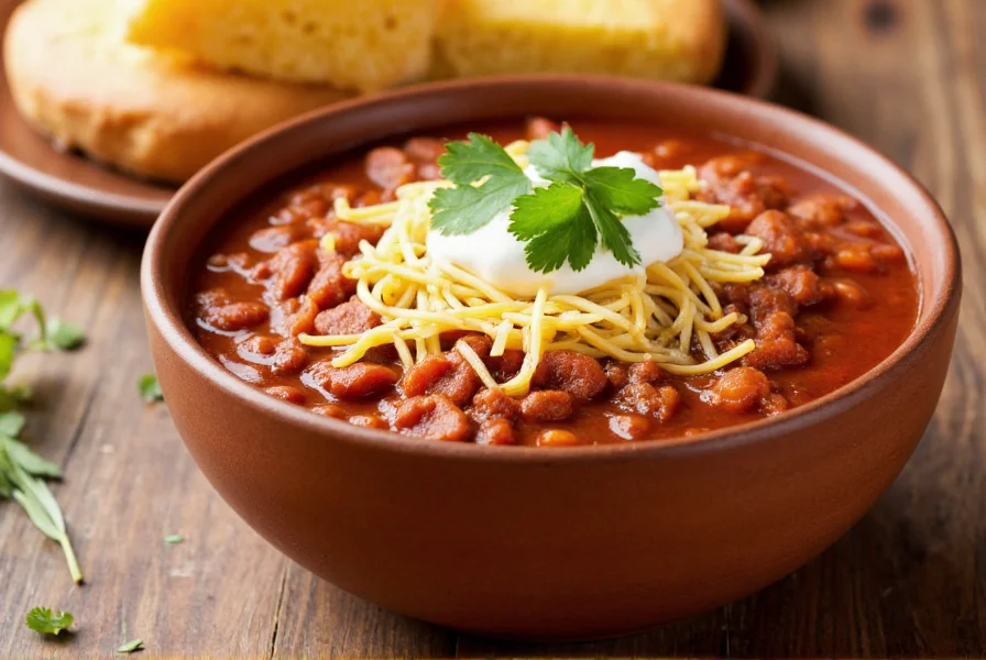 Bowl of chili with tomato juice topped with fresh cilantro, sour cream, and shredded cheese served with cornbread