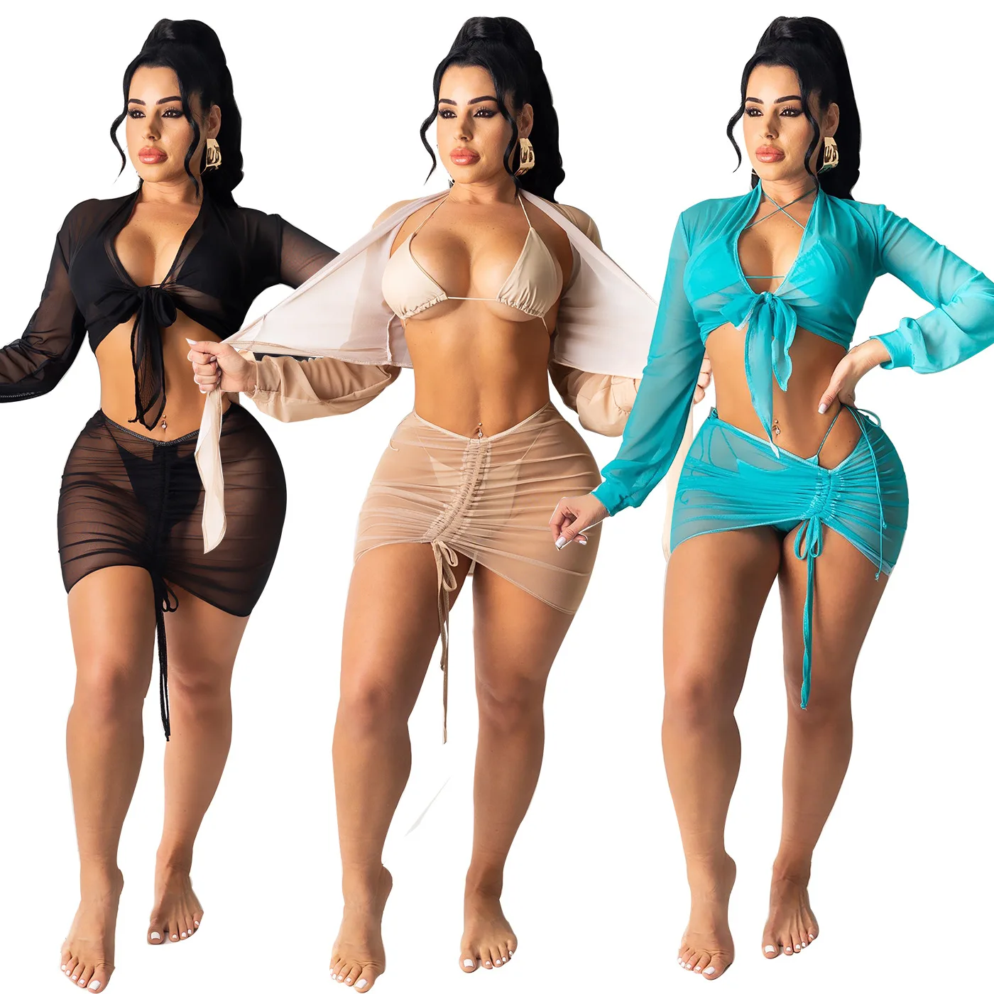 

4 Pcs Mesh Bikini Sets for 2021 Women Bath Suit Ladies Sexy Bathing Suits Sheer See Through Swimsuit Cover Up Beachwear Dress