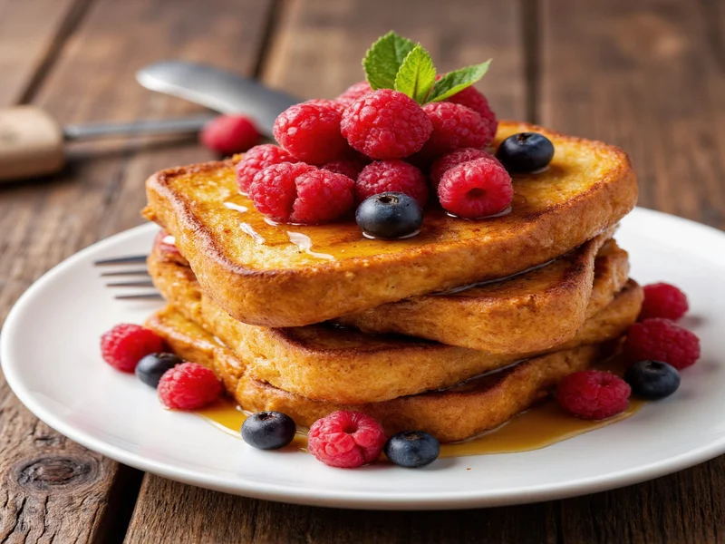 Stacked french toast with berries and maple syrup drizzle
