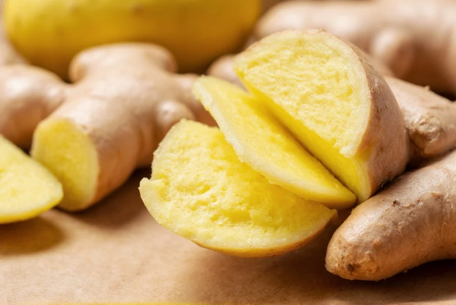 Fresh ginger root being sliced for tea preparation with visible fibrous texture and golden interior