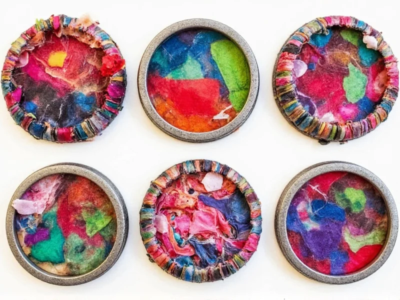 Six colorful coasters made from recycled jar lids and fabric scraps