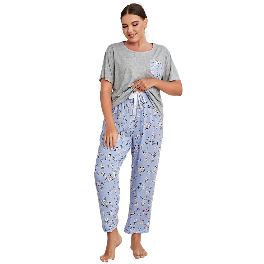 

Blue floral pijamas de damas femme big size sleepwear women plus size two piece 4xl nightwear pjs pajama set for fat ladies