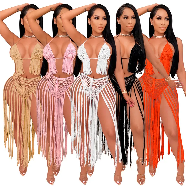 

Sexy Women Swimwear Knitted Set Backless Long Tassels High Waisted Swimsuit Women Hollow Out Crochet One Piece Bathing Suits, As picture