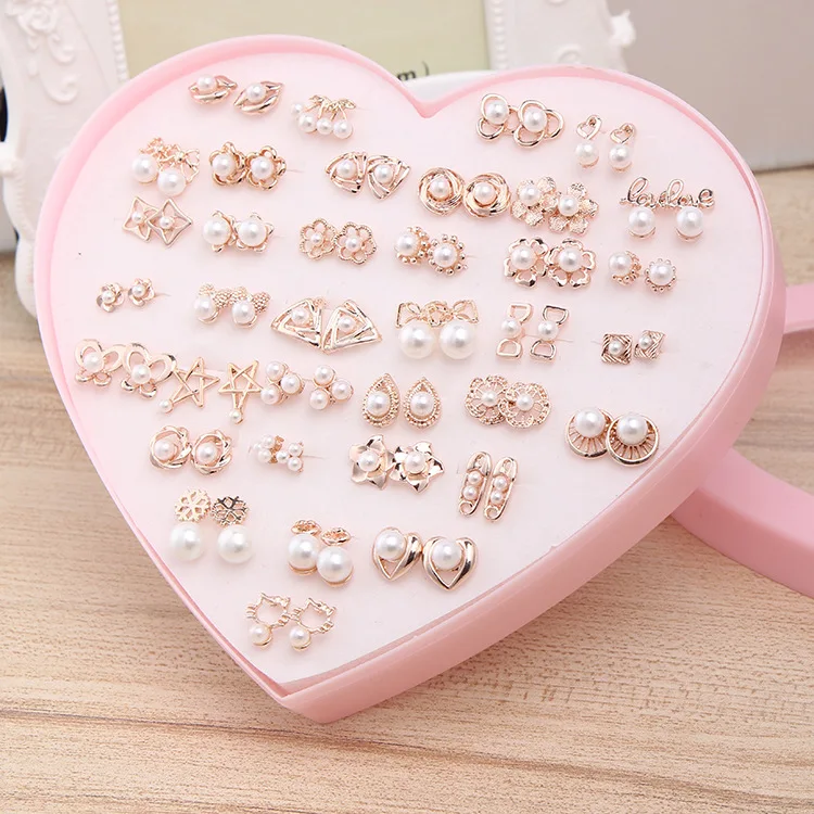 

Korean version of the popular color of small earrings anti - allergy pearl earrings box mixed with batch earring FOR WOMEN, Rose gold