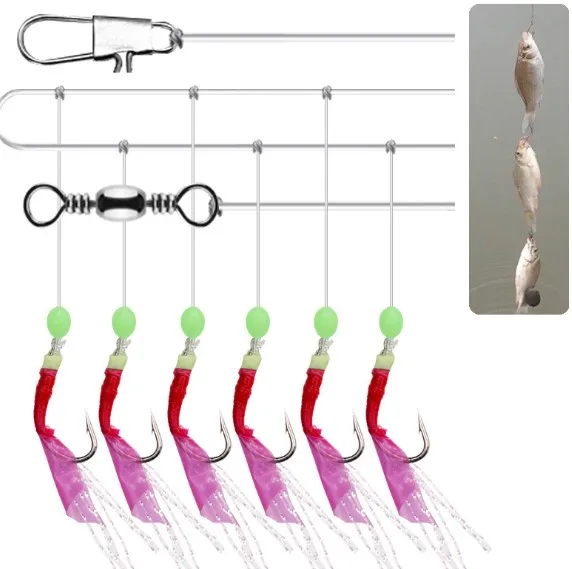 

Hanging 6 Hooks With Luminous Fish Skin Hooks sizes Range 8#-15#, Silver