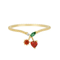 Hot Ins Colorful 18K Gold Plated Brass Zircon Crystal Cherry Apple Lemon Peach Fruit Finger Ring
