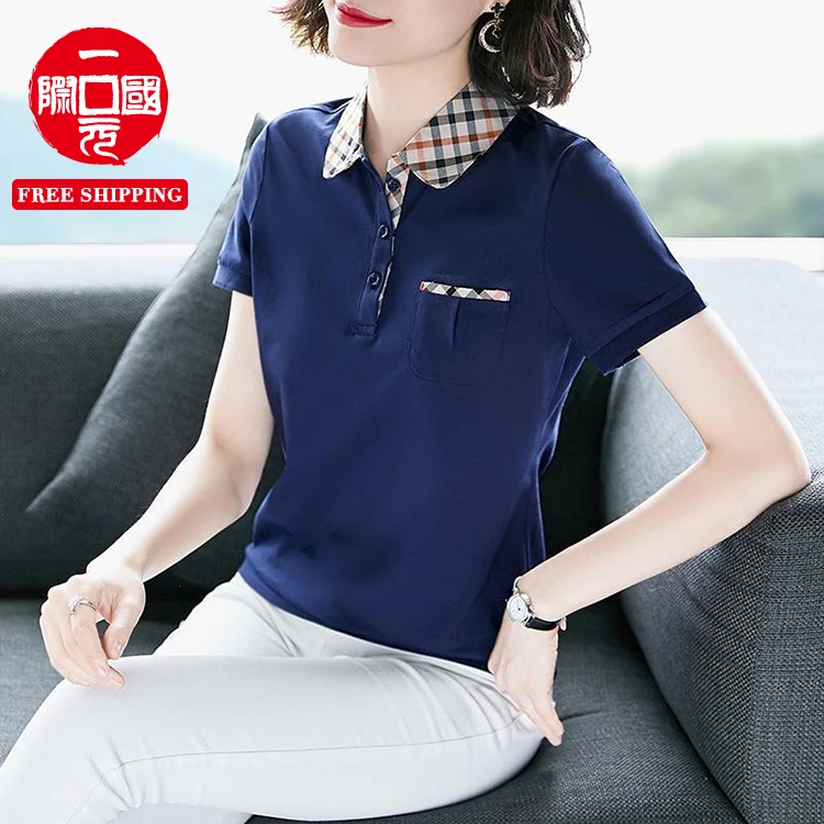 

Cotton short-sleeved T-shirt women's summer 2021 loose plus size Korean lapel polo shirt