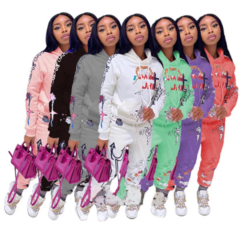 

2021 New Arrivals Women Graffiti 2 Piece Sweatsuit Hoodies Joggers Set Sweat Pants And Straetwear Hoodies Set, As picture